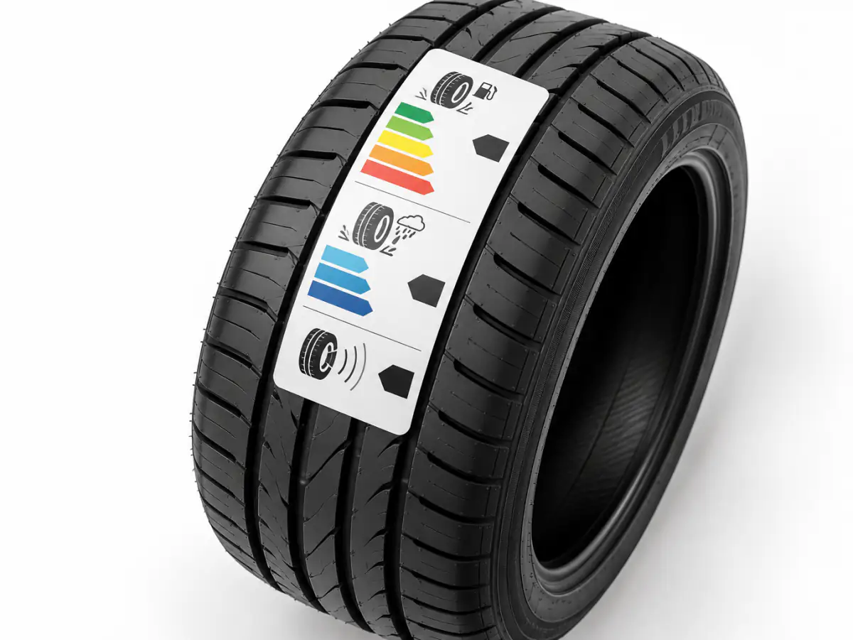 EU-Reifenlabel mit Rollwiderstand, Nasshaftung und Geräuschwert auf einem Neureifen