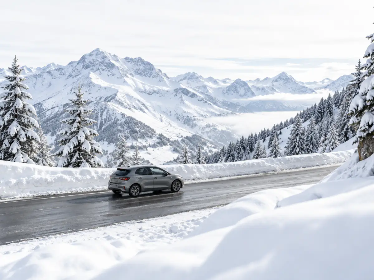 Kleinwagen auf einer geräumten Passstraße zwischen Schneewänden in den Alpen