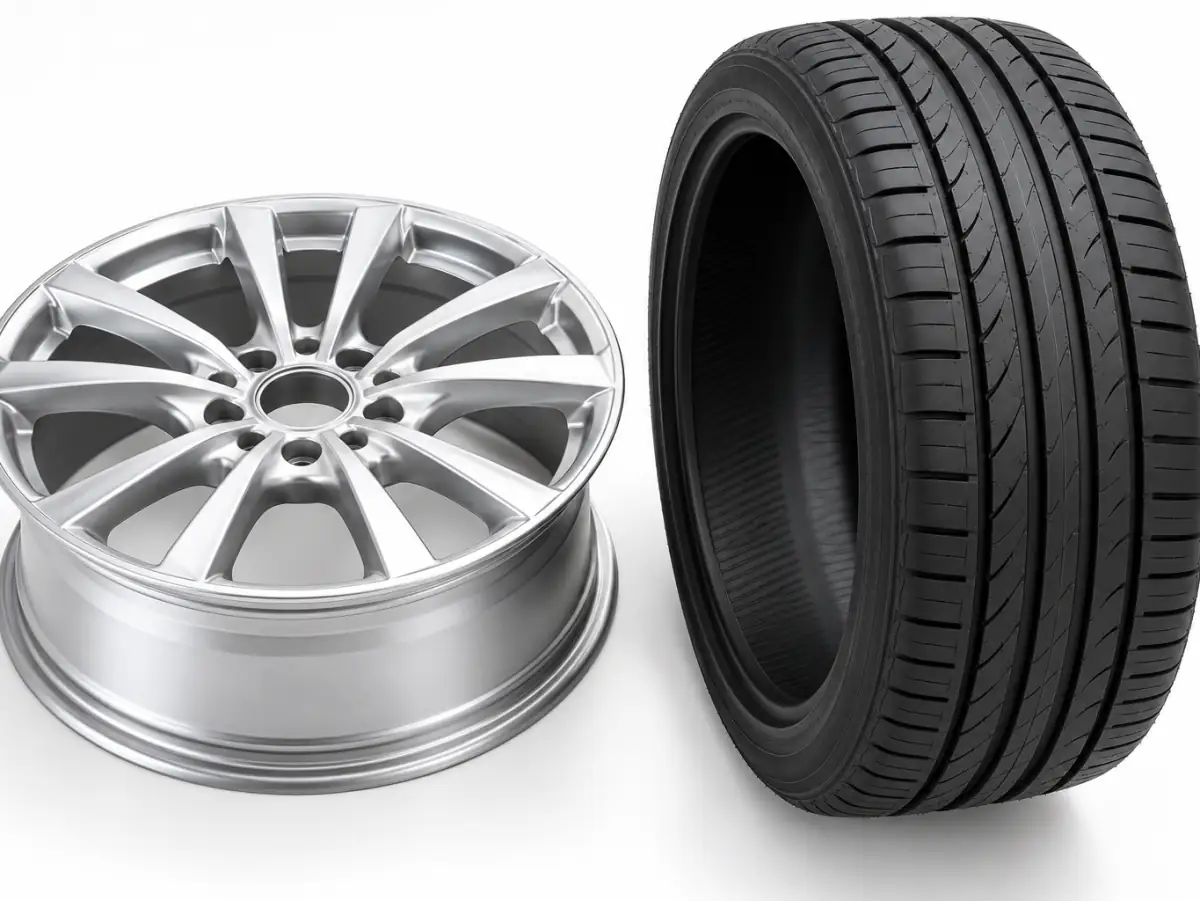 Alufelge liegt auf der Werkbank, ein Messschieber misst die Mittenbohrung neben dem Lochkreis