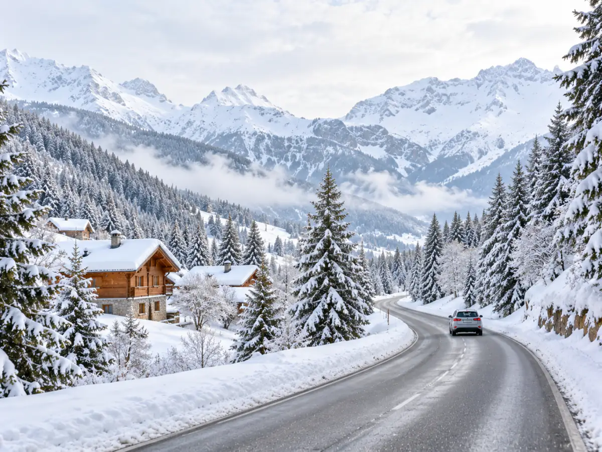 Verschneite Passstraße in den französischen Alpen unter klarem Winterhimmel