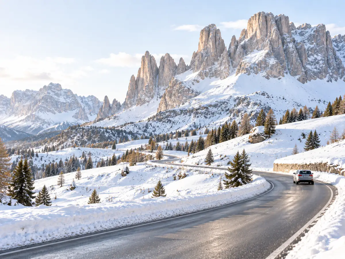 Verschneites Tal in Südtirol mit Landstraße unter hellem Winterhimmel