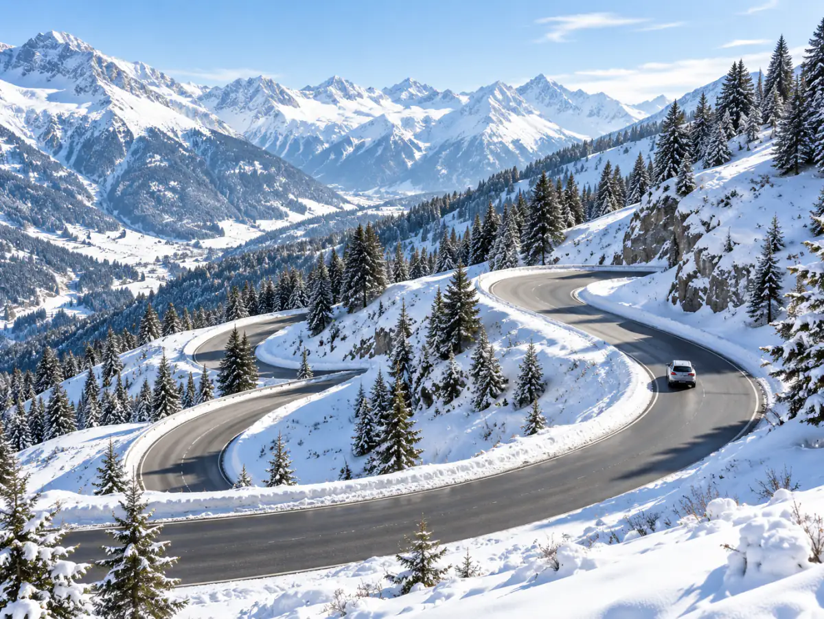 Verschneite Straße im Tiroler Inntal mit Blick auf die Berge