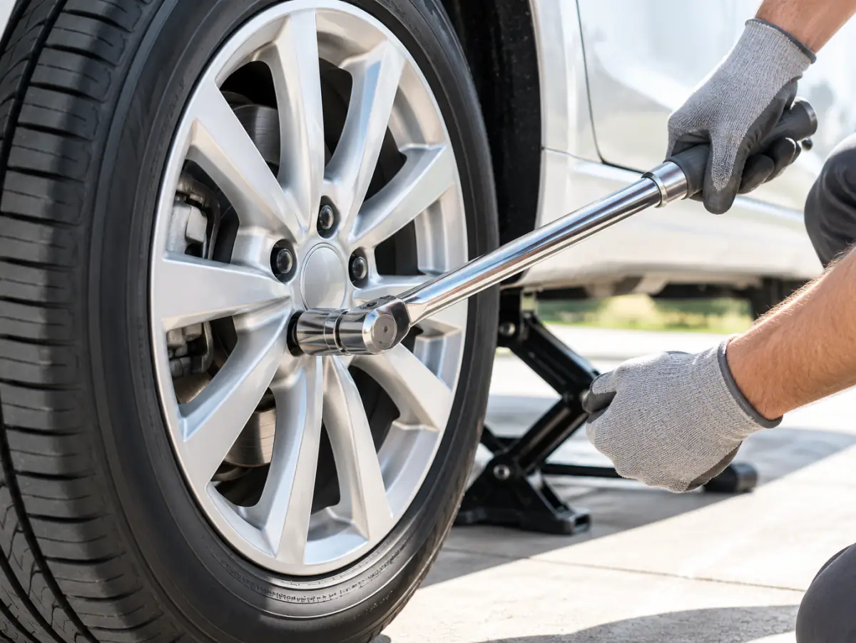 Hand setzt den Drehmomentschlüssel auf eine Radschraube an einer Alufelge, das Auto steht aufgebockt in der Garage