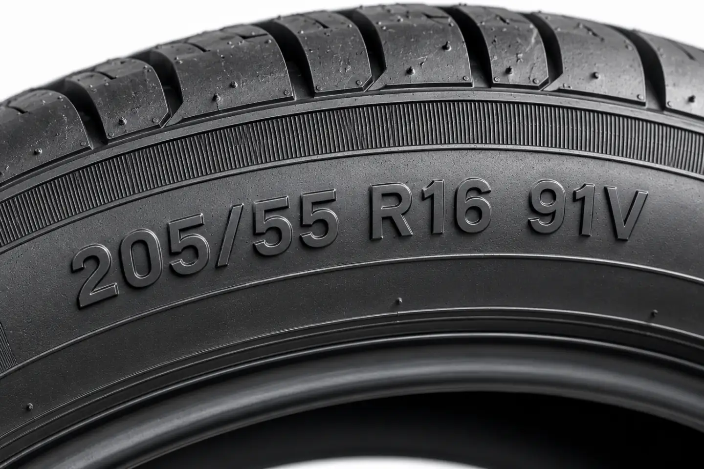 Reifenflanke mit der Größenangabe 205/55 R16 91V, DOT-Nummer und Alpine-Symbol im Streiflicht